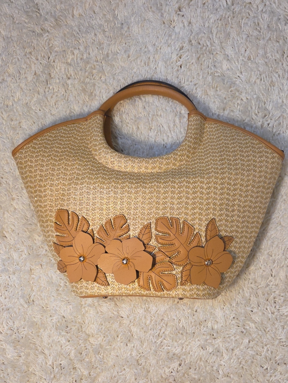Cato Tan Woven Tote with Floral Appliqués
